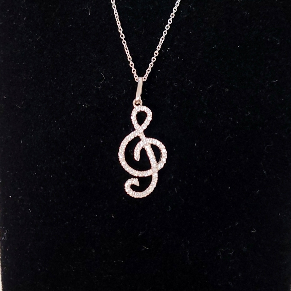 Sterling Silver CZ Diamonds Music Note Necklace